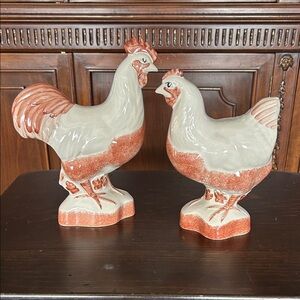 Vintage Handmade English Rye Ceramic Rooster and Hen Decor in Red and Cream